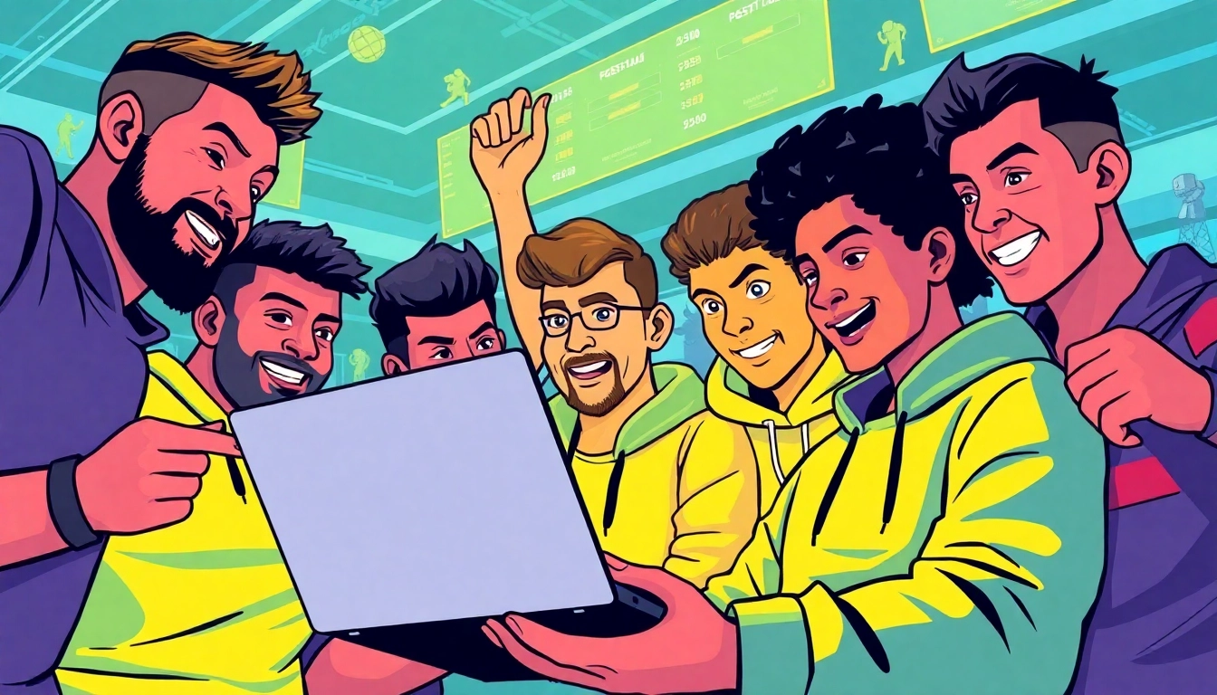 Engaging scene of users placing bets on situs judi bola with diverse fans enjoying online gaming.