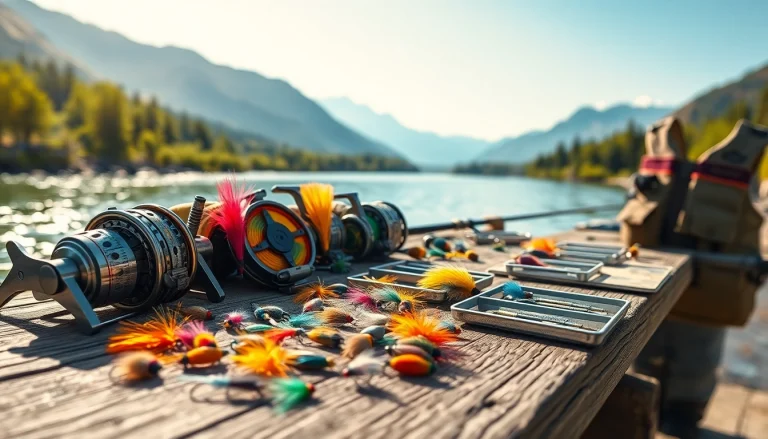 Showcasing fly fishing accessories on a rustic table with vibrant tools and a serene river view.