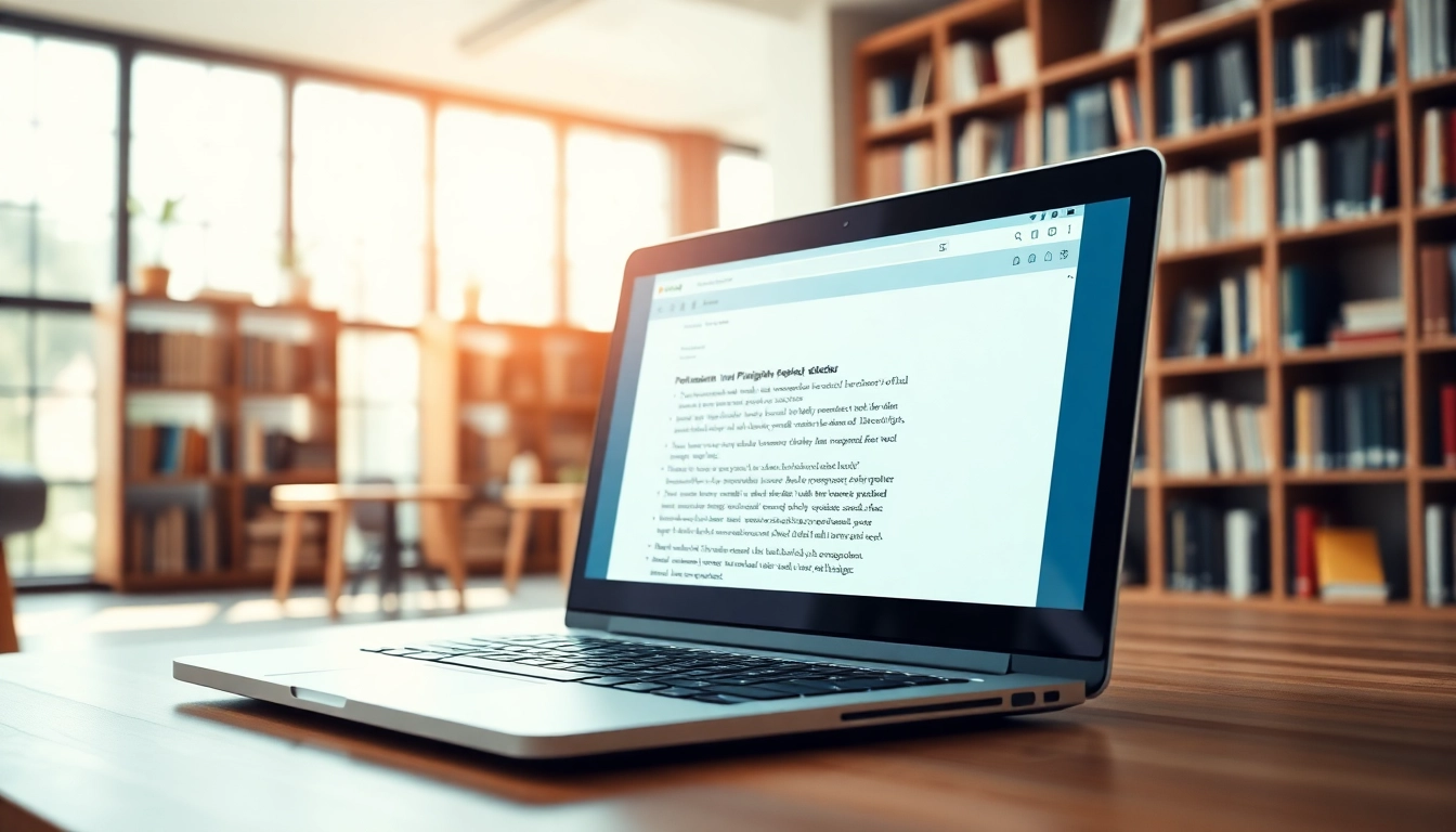 Engaging plagiarism checker in action on a laptop in a bright study setting.