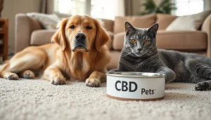 Happy pets enjoying CBD For Pets in a cozy living room with a sunlit atmosphere.