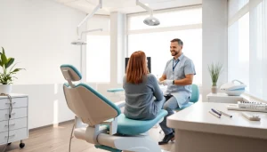 Discussing bridges with a patient in a professional dental office setting.