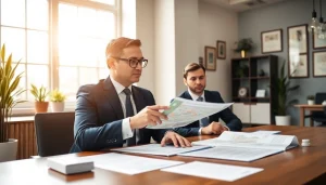 real estate lawyer consulting clients in a bright, inviting office space