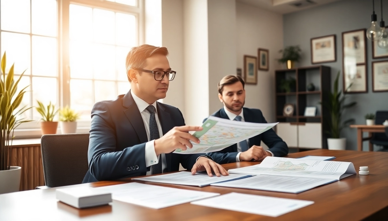 real estate lawyer consulting clients in a bright, inviting office space
