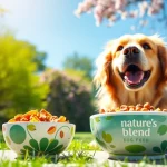 Dog enjoying nature's blend dog food Canada in a sunny park setting.