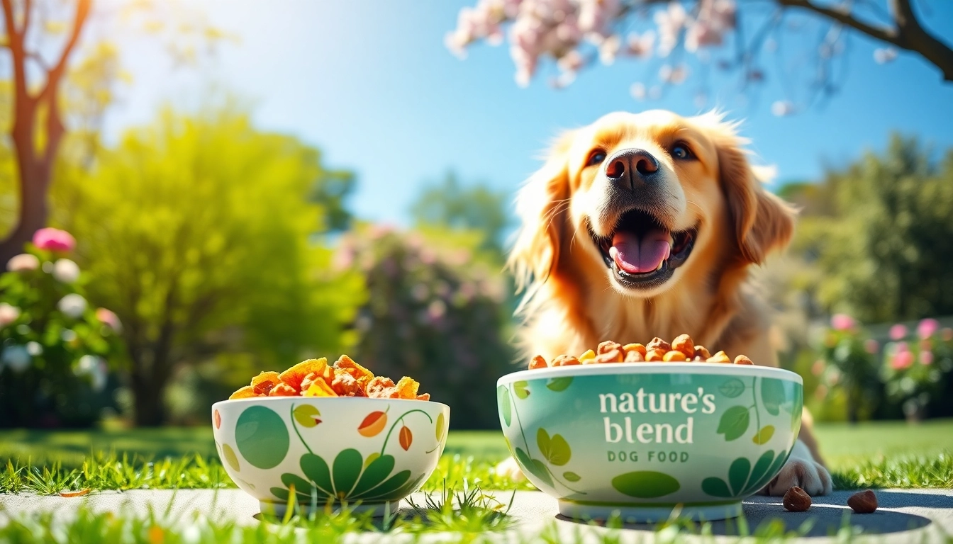 Dog enjoying nature's blend dog food Canada in a sunny park setting.