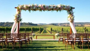Showcasing a romantic setup at Clarksburg wedding venues with floral decorations and outdoor seating.