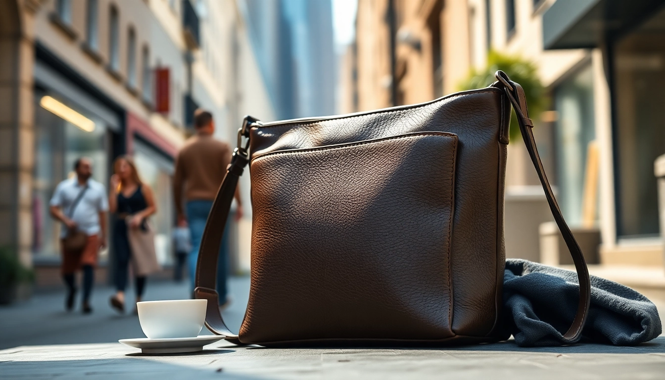 Showcasing a stylish coffee leather crossbody bag in an urban setting.