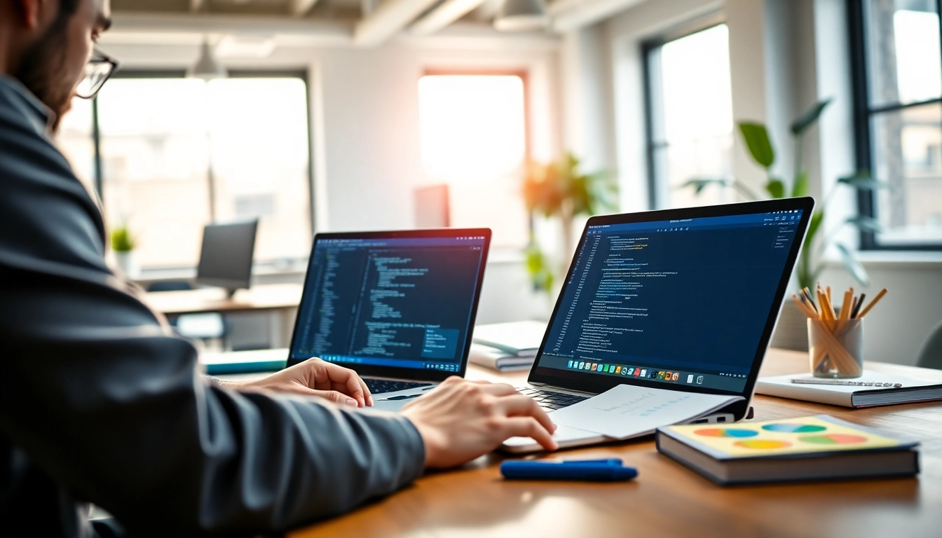 Creating innovative web development projects in a modern workspace with vibrant colors.