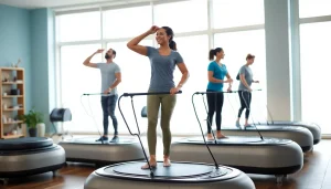 Engaging in whole body vibration therapy, individuals showcase wellness and relaxation on modern machines