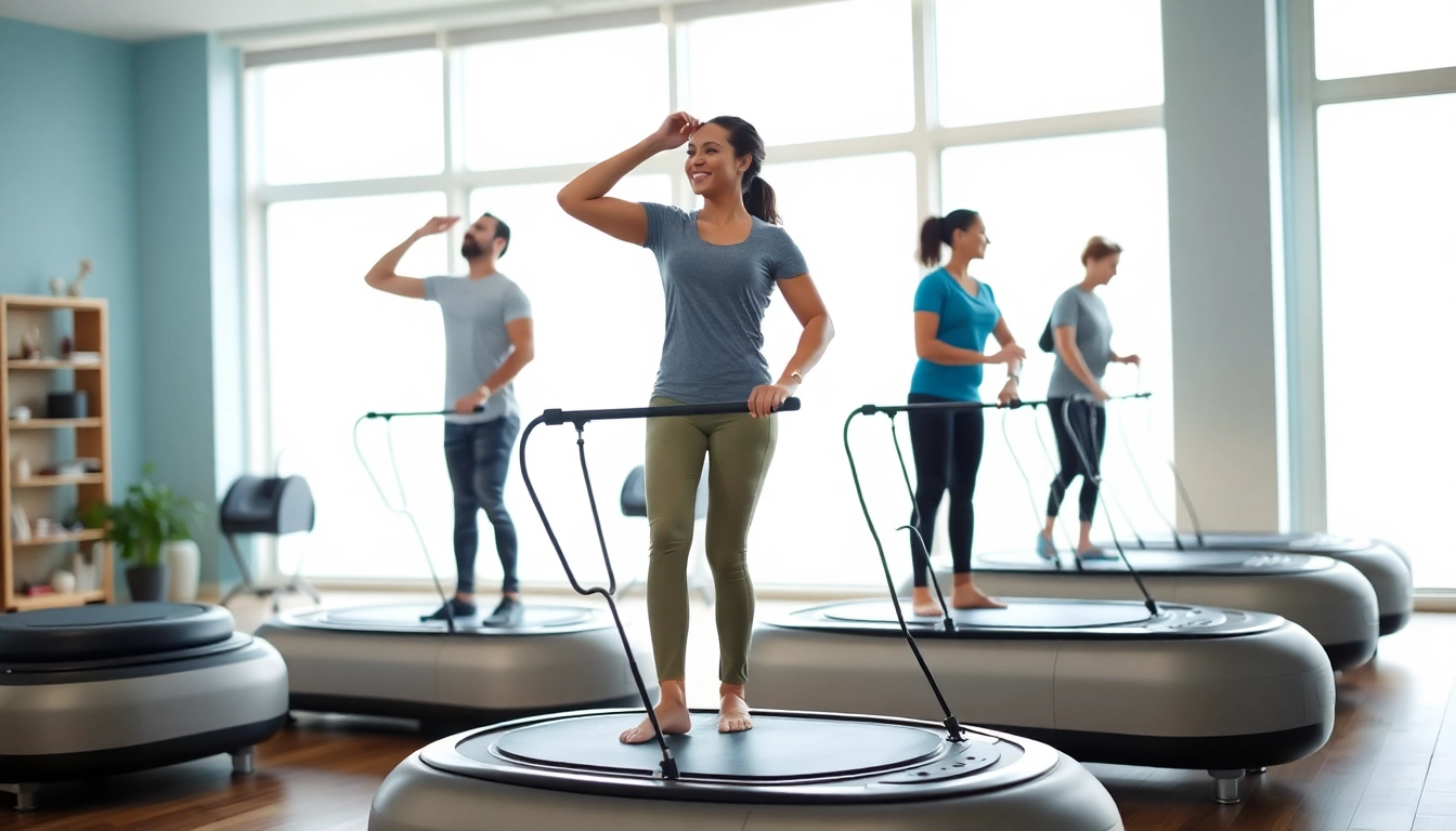 Engaging in whole body vibration therapy, individuals showcase wellness and relaxation on modern machines
