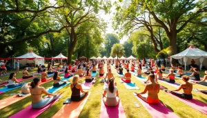 Yogis practicing at yoga festivals, showcasing community, energy, and vibrant colors.