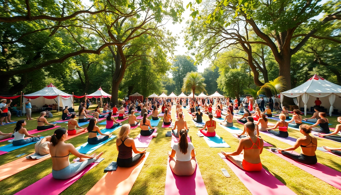 Yogis practicing at yoga festivals, showcasing community, energy, and vibrant colors.