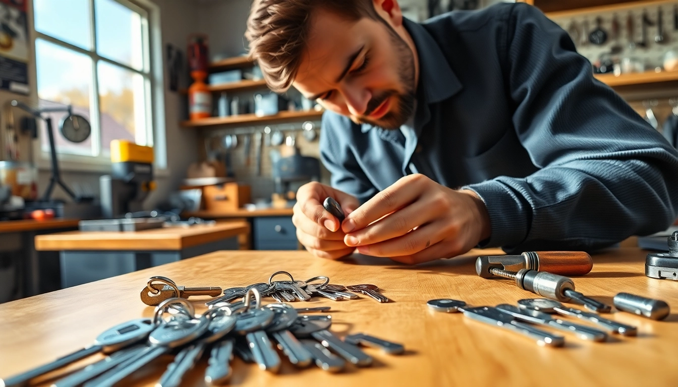 Locksmith examining truck keys in a bright workshop with precision and expertise.