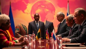 Engaging scene of African and Russian leaders discussing média Afrique Russie initiatives at a summit.