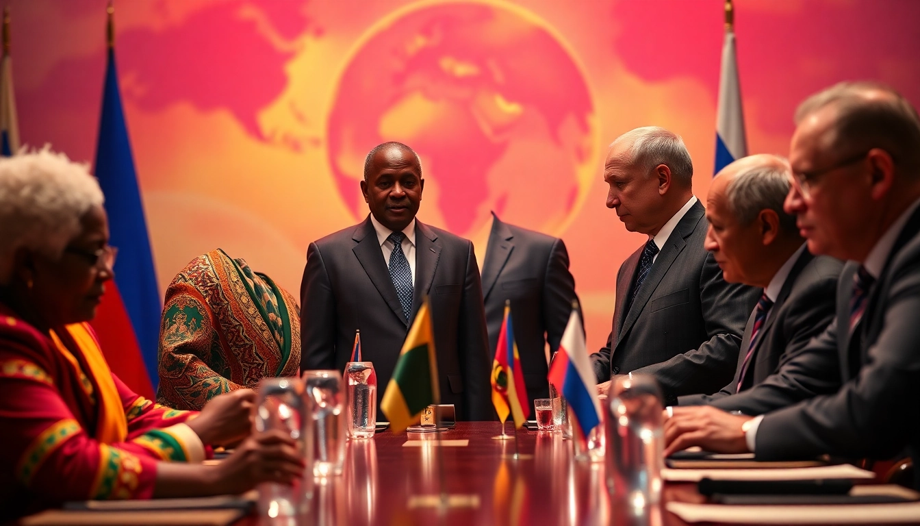 Engaging scene of African and Russian leaders discussing média Afrique Russie initiatives at a summit.