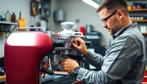 Cimbali servisi technician repairing an espresso machine with professional tools in a bright workshop.