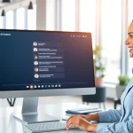Engage with an AI chatbot for website in a modern office, showcasing friendly customer service interactions.