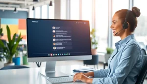 Engage with an AI chatbot for website in a modern office, showcasing friendly customer service interactions.