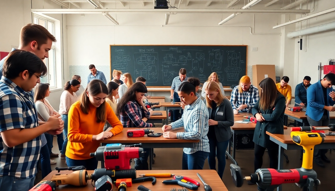 Students actively learning practical skills at abc trade school in a vibrant classroom setting.