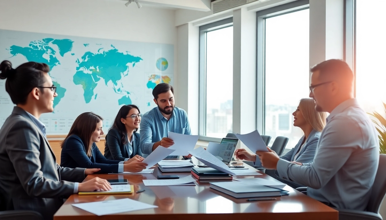 Import agents collaborating in a modern office, discussing global trade strategies.