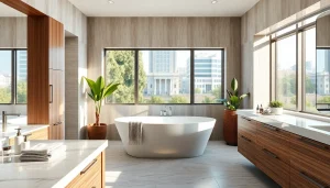 Modern bathroom renovation Nashville showcasing a luxurious freestanding bathtub and elegant fixtures.