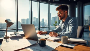 Entrepreneur launching successful startup at a modern desk filled with business materials.