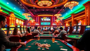 Engaging scene at TPower casino showcasing lively gaming tables and vibrant atmosphere.