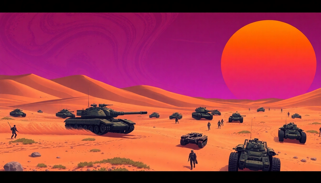 Engage with the intense battlefield of the dune 2 game, featuring futuristic tanks and soldiers.