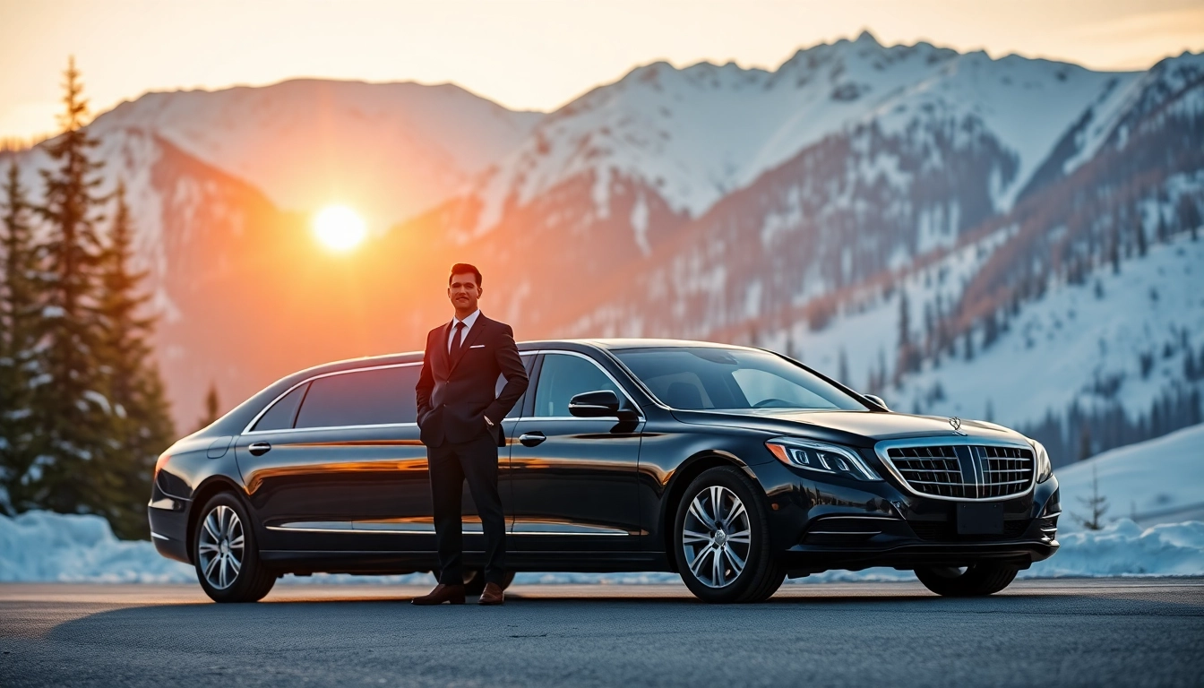 Experience luxury with Whistler car service featuring a sleek limousine against stunning mountain scenery.
