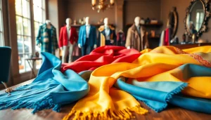 Find stylish scarves near me displayed in an elegant boutique setting with vibrant colors.