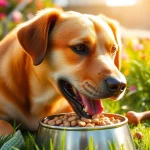 Dog enjoying badlands ranch dog food in a bright, cheerful backyard with flowers.