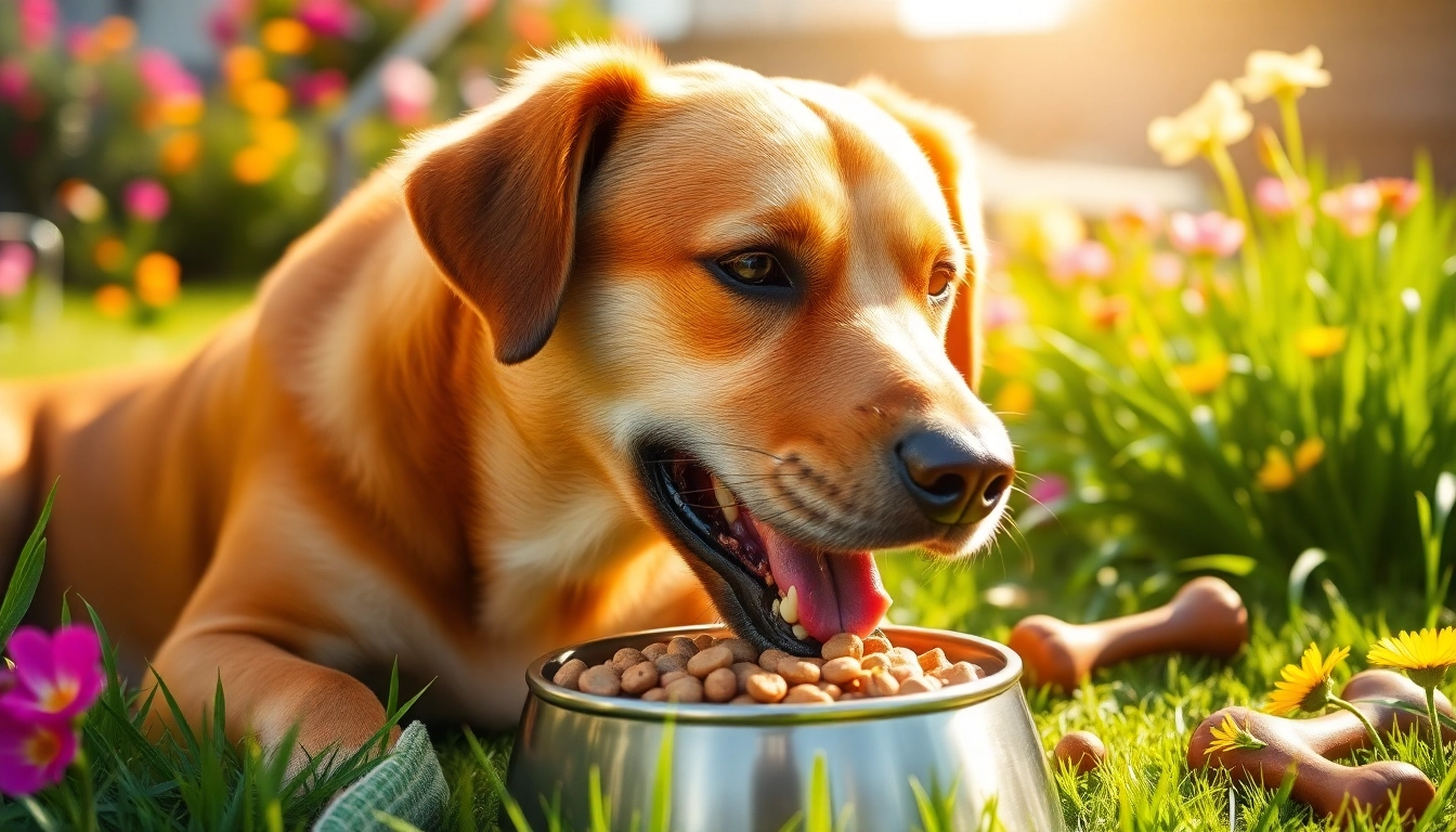 Dog enjoying badlands ranch dog food in a bright, cheerful backyard with flowers.