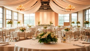 A stunning city venue event center set for an elegant banquet with floral decorations and bright lighting.