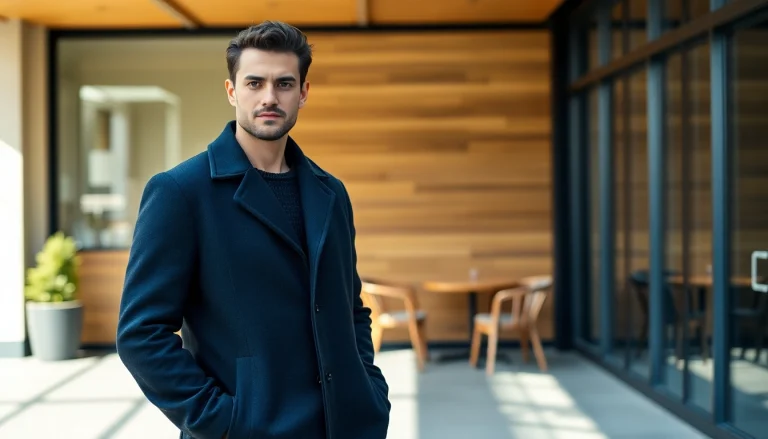 Man showcasing stylish mens coats in a trendy urban setting.