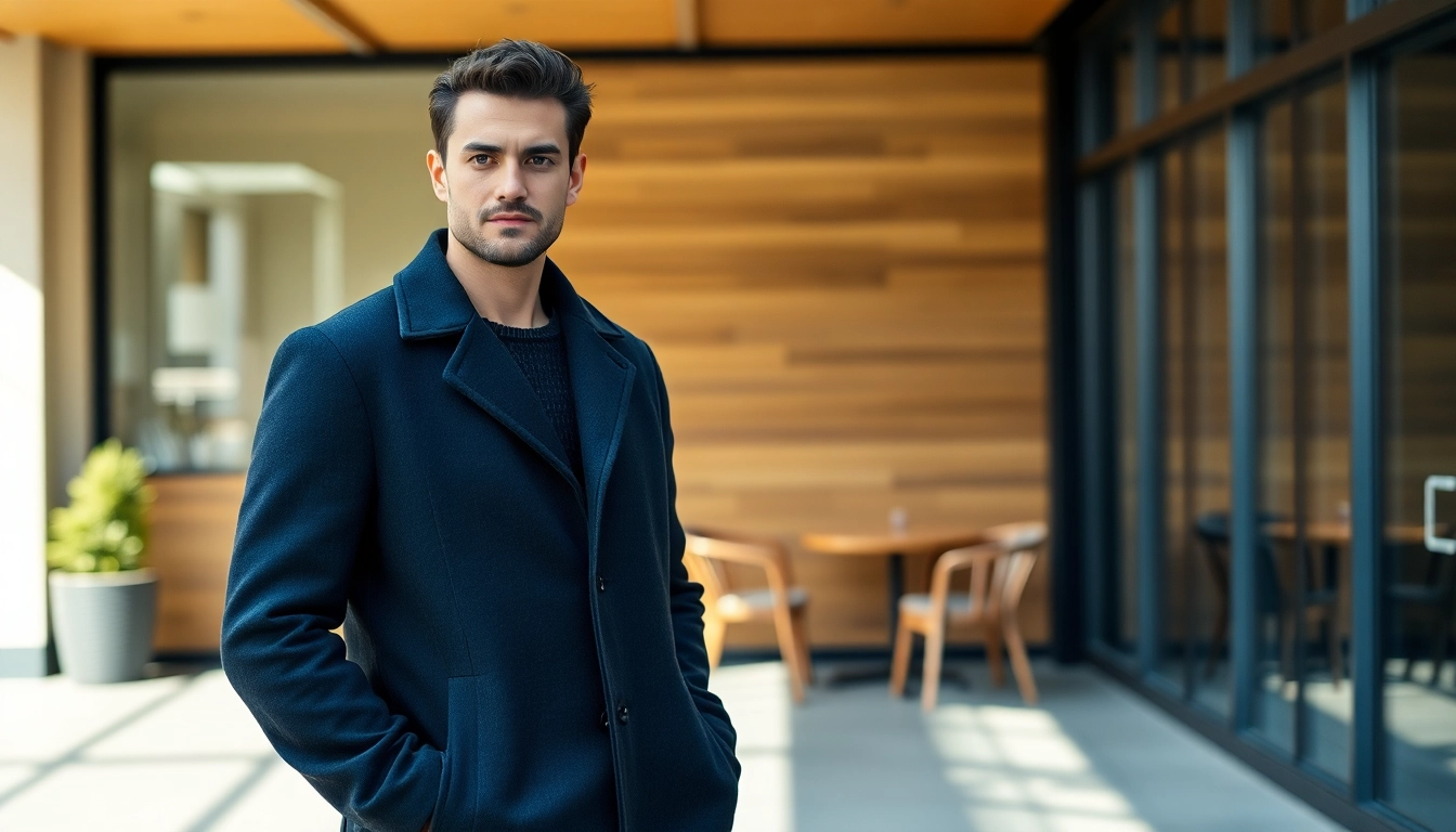 Man showcasing stylish mens coats in a trendy urban setting.