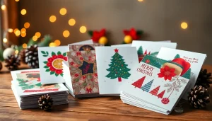 Explore vibrant designs in Christmas card printing London surrounded by festive decorations.