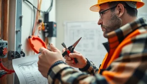Electrical Contractor checking residential wiring with tools on a well-lit construction site.