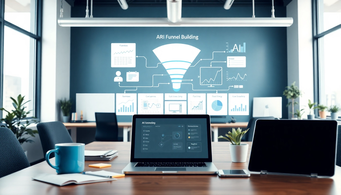 Optimize your journey with FUNNEL BUILDING Ai in a modern workspace featuring digital devices.