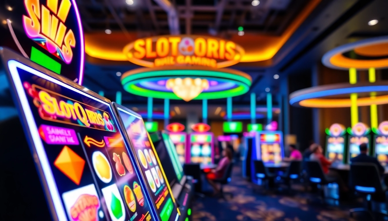 Permainan Slot QRIS menampilkan mesin slot modern dengan lingkungan lounge permainan yang dinamis.