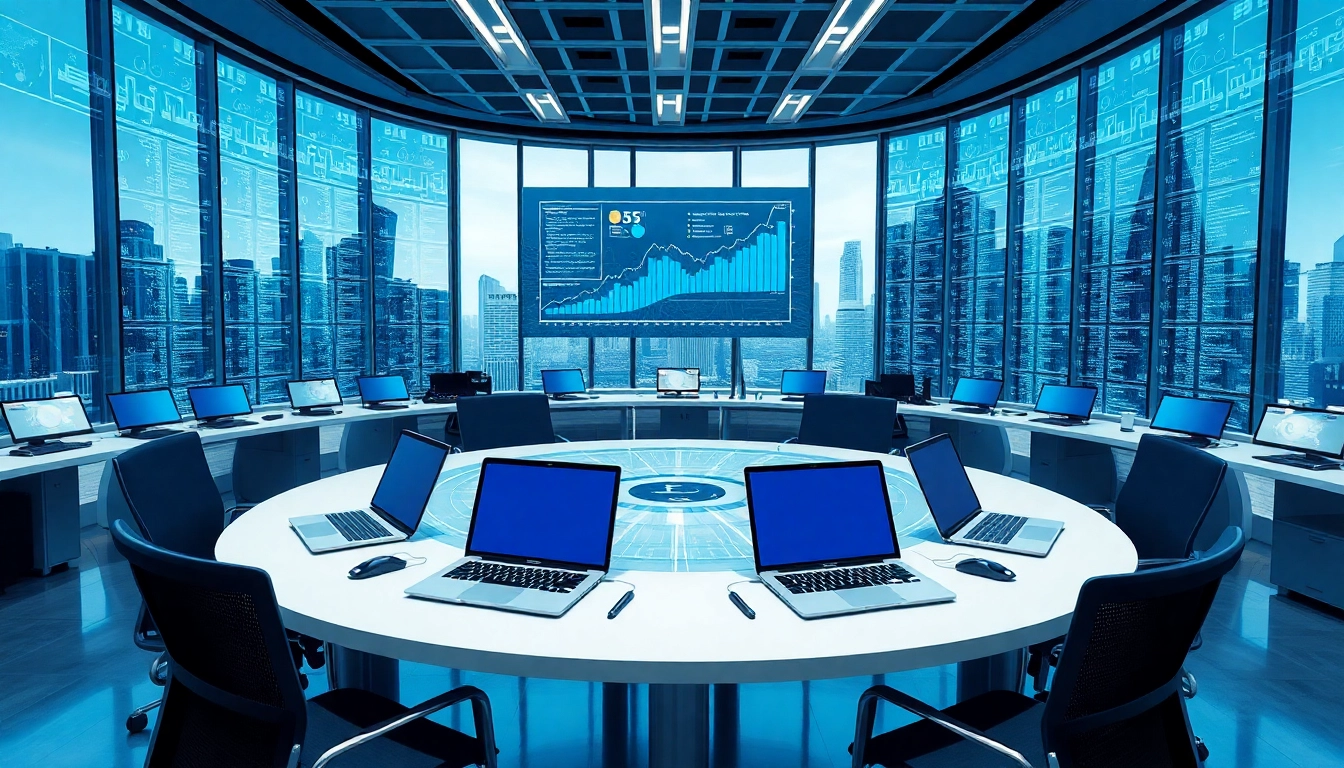 Datenraum mit moderner Arbeitsumgebung und sicheren digitalen Displays für Datenaustausch.