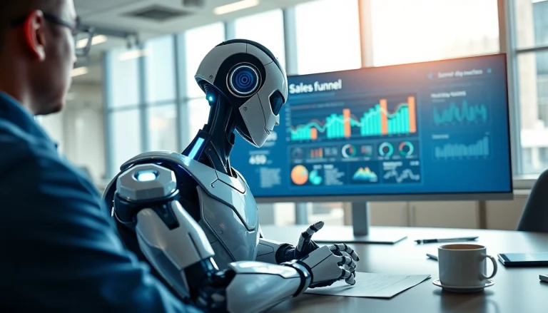 Build a sales funnel with FUNNEL BUILDING Ai assistance from a futuristic robot in an office setting.