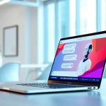 Engaging website chatbot interface on a laptop in a modern office setting.