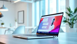 Engaging website chatbot interface on a laptop in a modern office setting.