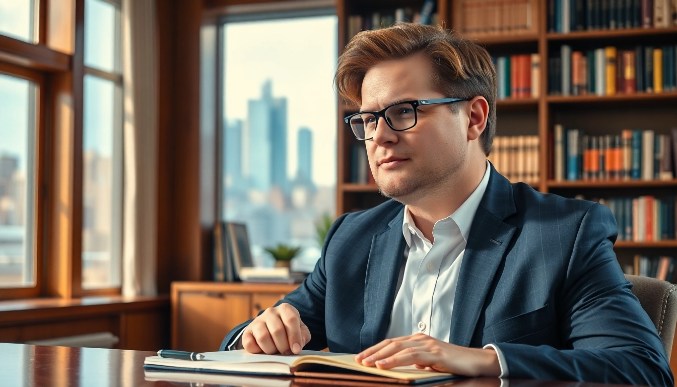 J.D. Vance's net worth illustration, featuring him in a professional office setting.