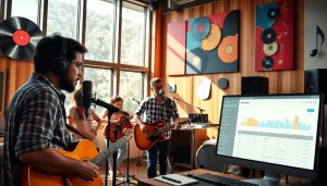 Engaged team strategizing music promotion services in a vibrant recording studio.