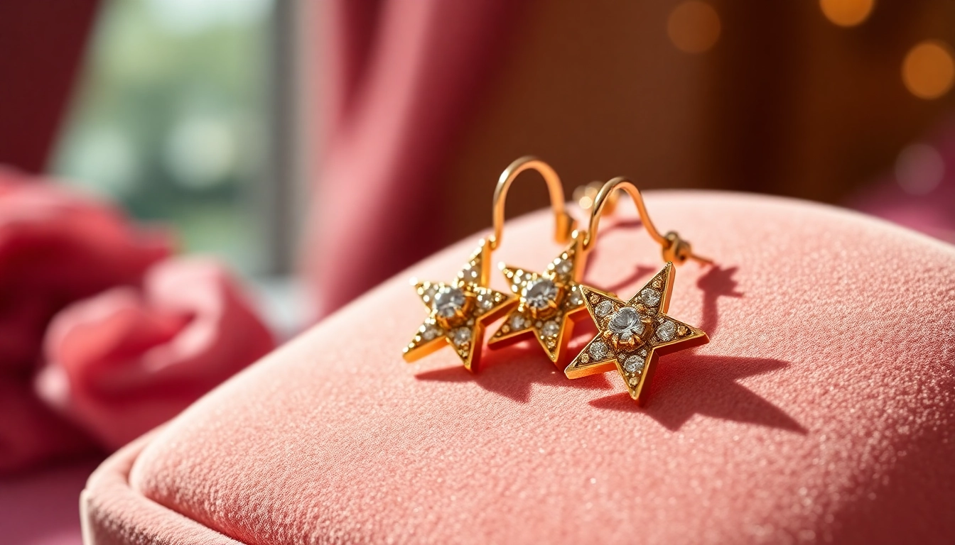 Admire the exquisite earrings gold stars, each reflecting light beautifully against a velvet backdrop.