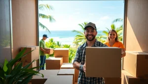 Discover expert movers from Alaska to Hawaii efficiently packing belongings against a beautiful Hawaiian backdrop.