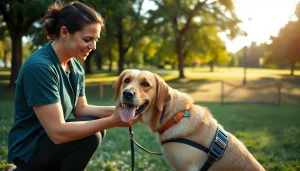 Training a psych service dog in a serene park to support mental health.