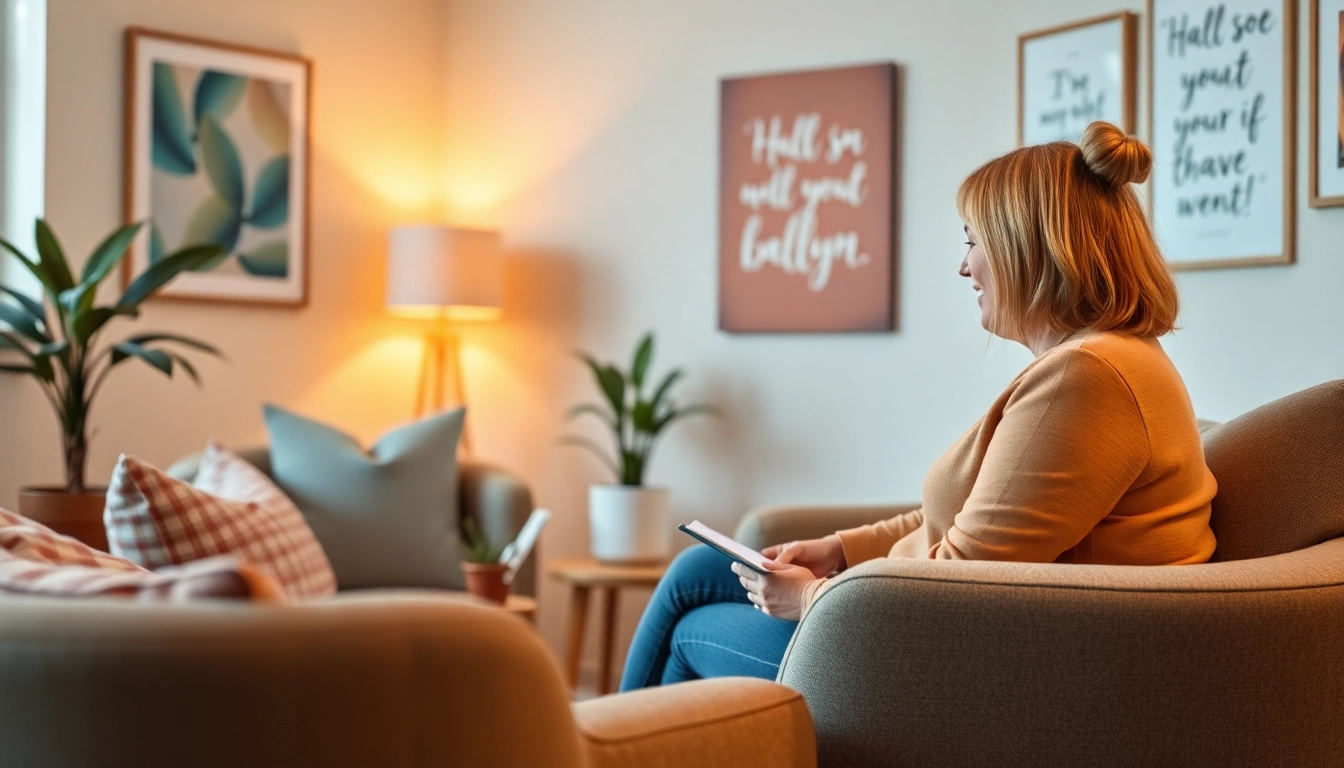 Attachment theory coach providing guidance in a cozy, supportive therapy setting.
