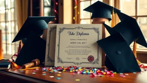 Showcase the best fake diplomas on a desk with graduation caps and confetti, capturing celebration.